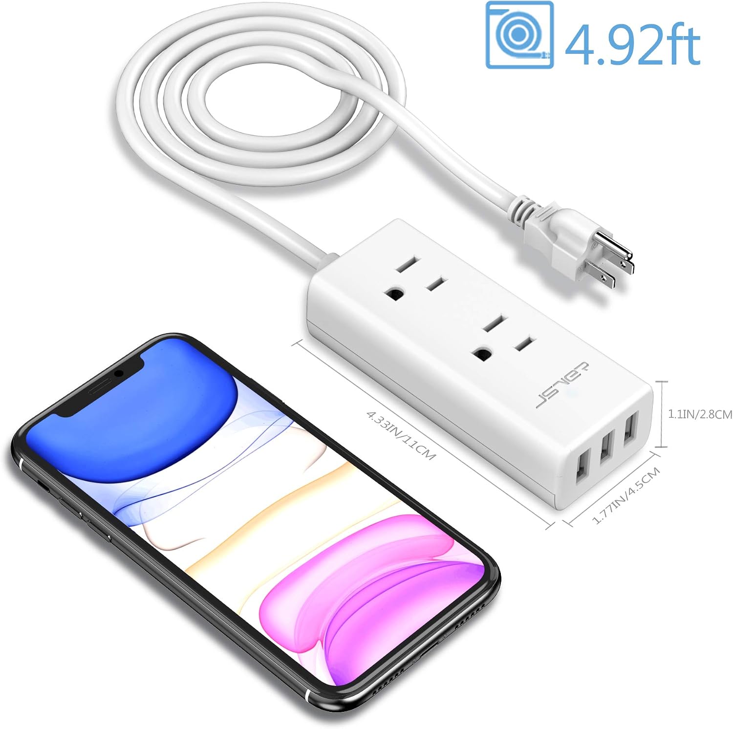 Power Strip with 3 USB JSVER Small USB Power Strip, Power Extension Cord with 2 Outlets, 4.92 ft Power Cord, Mini Outlet Strip, USB Charging Station for Travel, Home, Office, Cruise Ship (White)