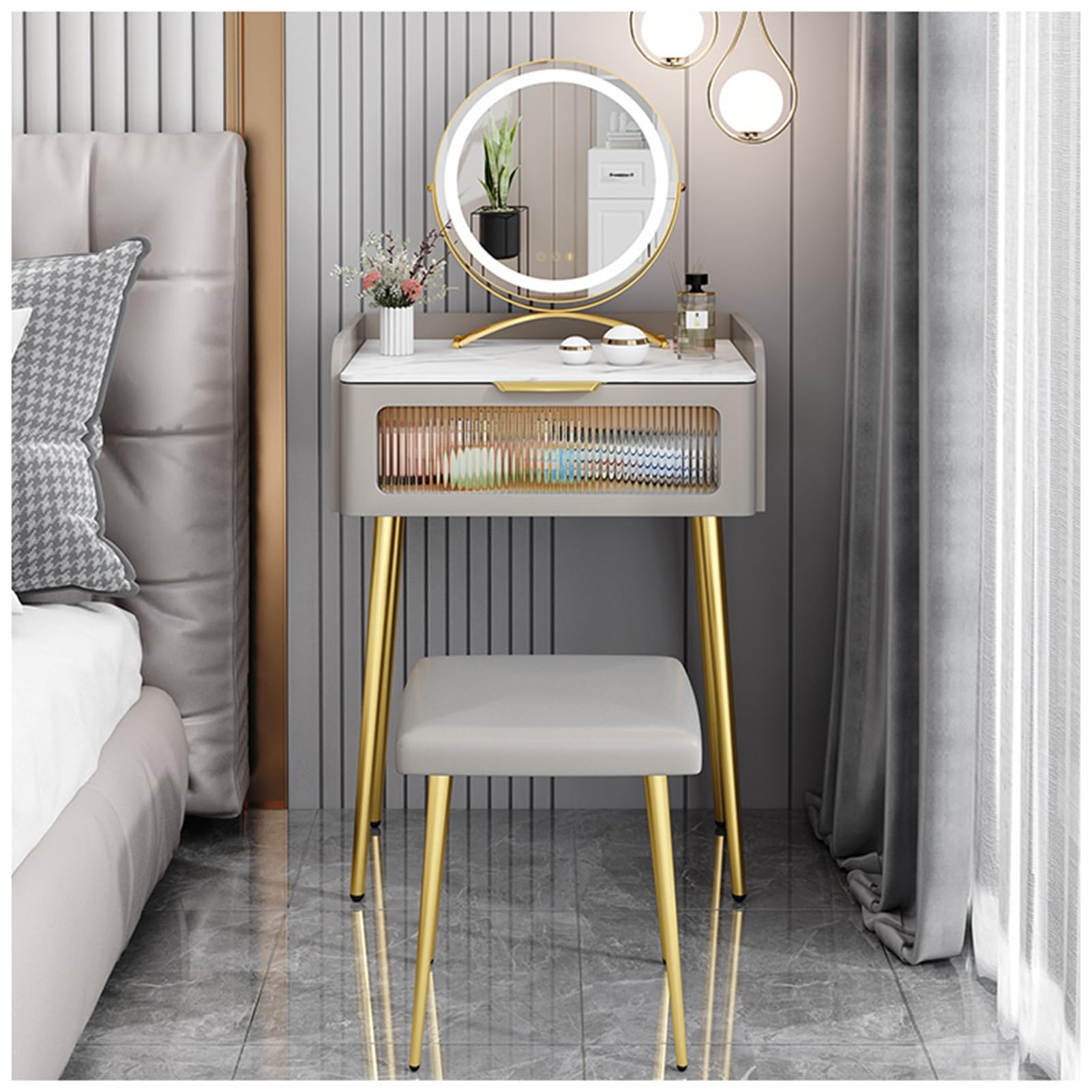 asdchZen 50/60Cm Blue Dressing Table Set With Touch Screen Mirror, 3 Lighting Modes, Drawer & Cushioned Stool-Stylish Vanity Desk For Bedroom, Perfect Makeup Station,Khaki-60x40x78cm