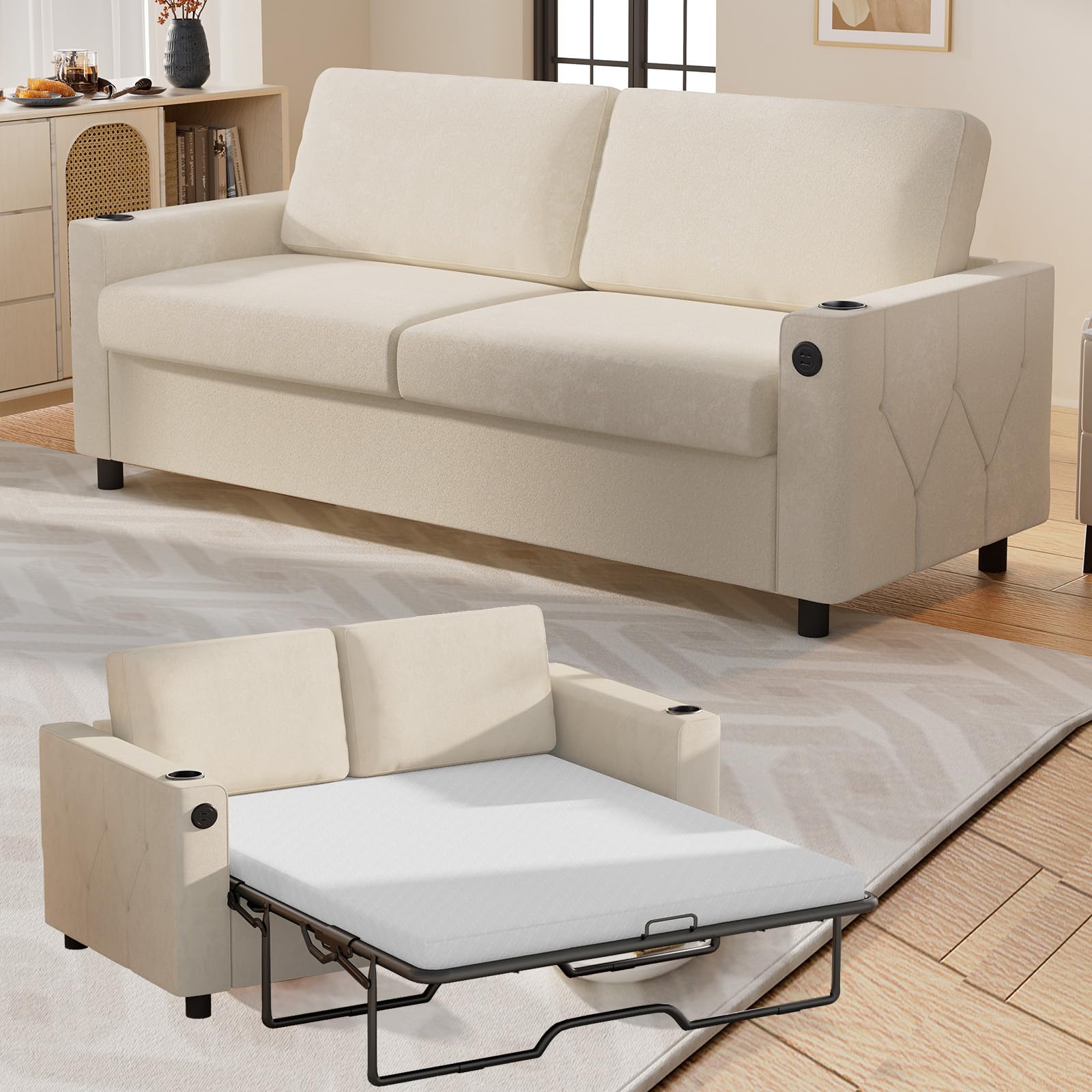 BALUS Pull Out Sofa Bed, 2-in-1 Convertible Sleeper Sofa with Memory Foam Mattress, Full Size Sleeper Couch with Cup Holders and USB Ports for Apartment Small Space-Beige