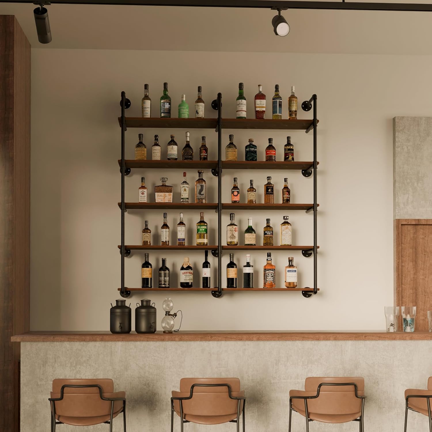 6 Tier Industrial Pipe Shelves with Wood Planks, 72 inch Iron Pipe Shelving, Retro Wall Mounted Bookshelf, Floating Bar Shelves for Kitchen,Living Room