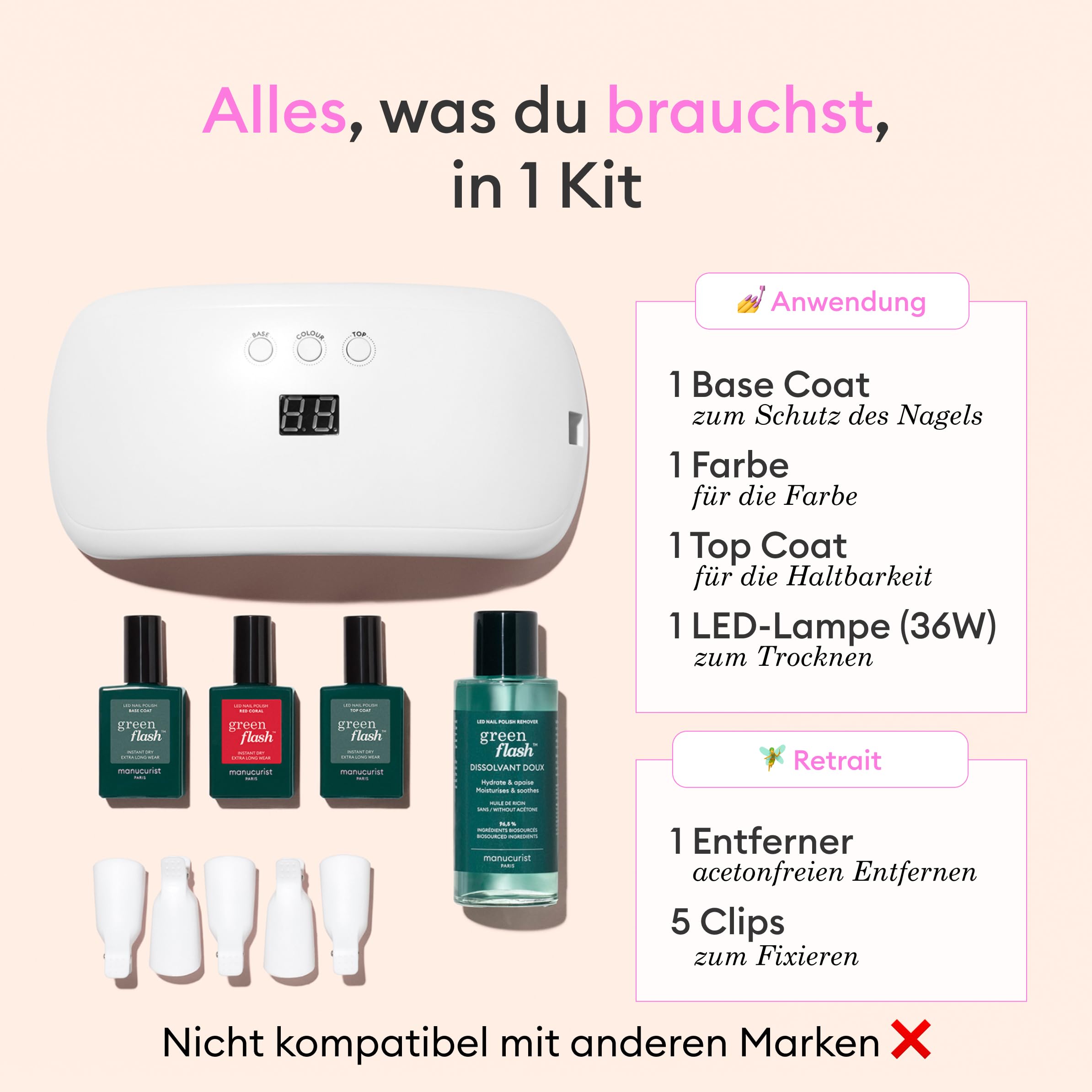 Manucurist UV Nagellack Set Slim Green Flash - Gel Nägel Set | LED UV Lampe für Gelnägel 24W + Base Coat + Top Coat Gel + Gel Nail Polish Hortencia + Nagellackentferner Acetonfrei + Clips
