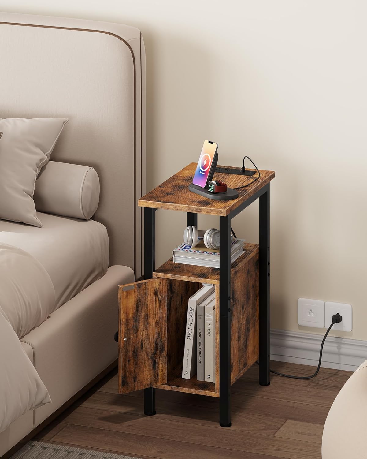 Farmhouse End Table, Narrow Side Table for Small Spaces, Slim Nightstand with Charging Station, with 2 AC Outlets, 1 USB and 1 Type-C Port, for Living Room, Bedroom, Rustic Brown TBZ08UBF