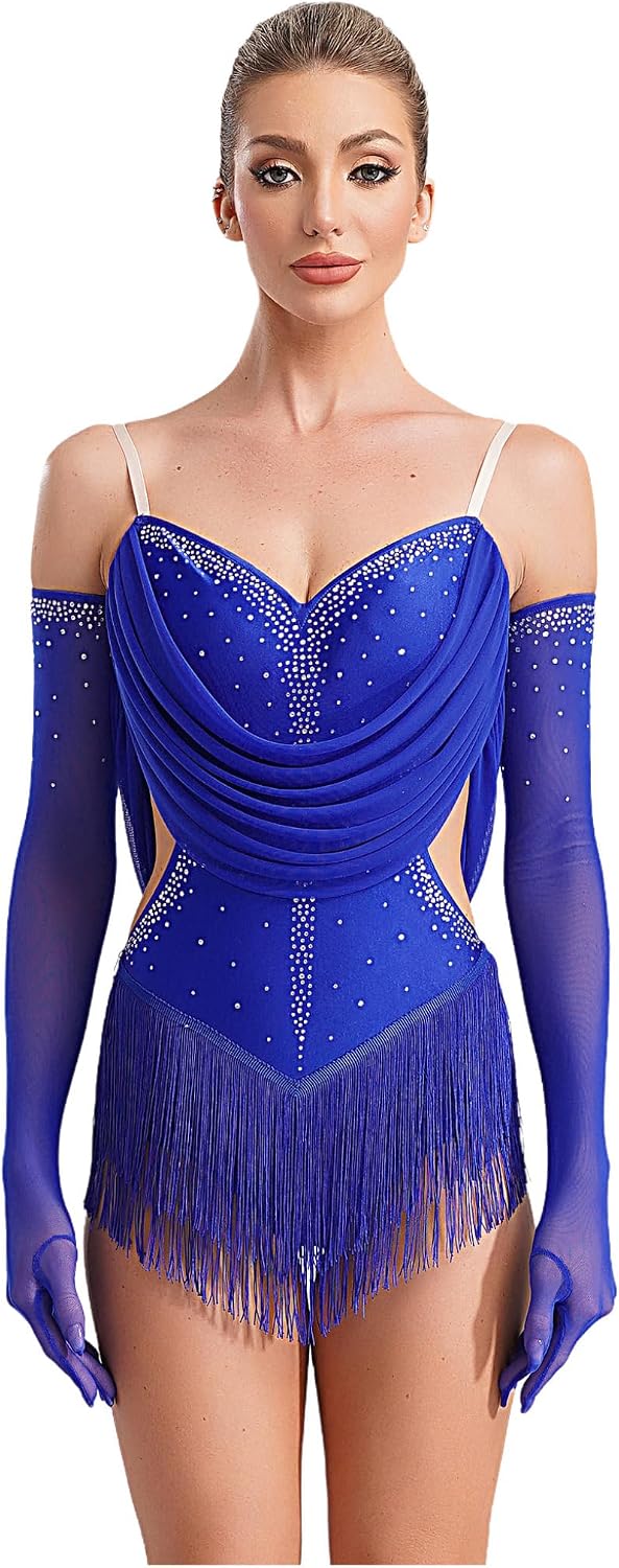 Womens Tassel Latin Dance Leotard Ruched Drapes Fringed Latindance Bodysuit Figure Skating Costumes