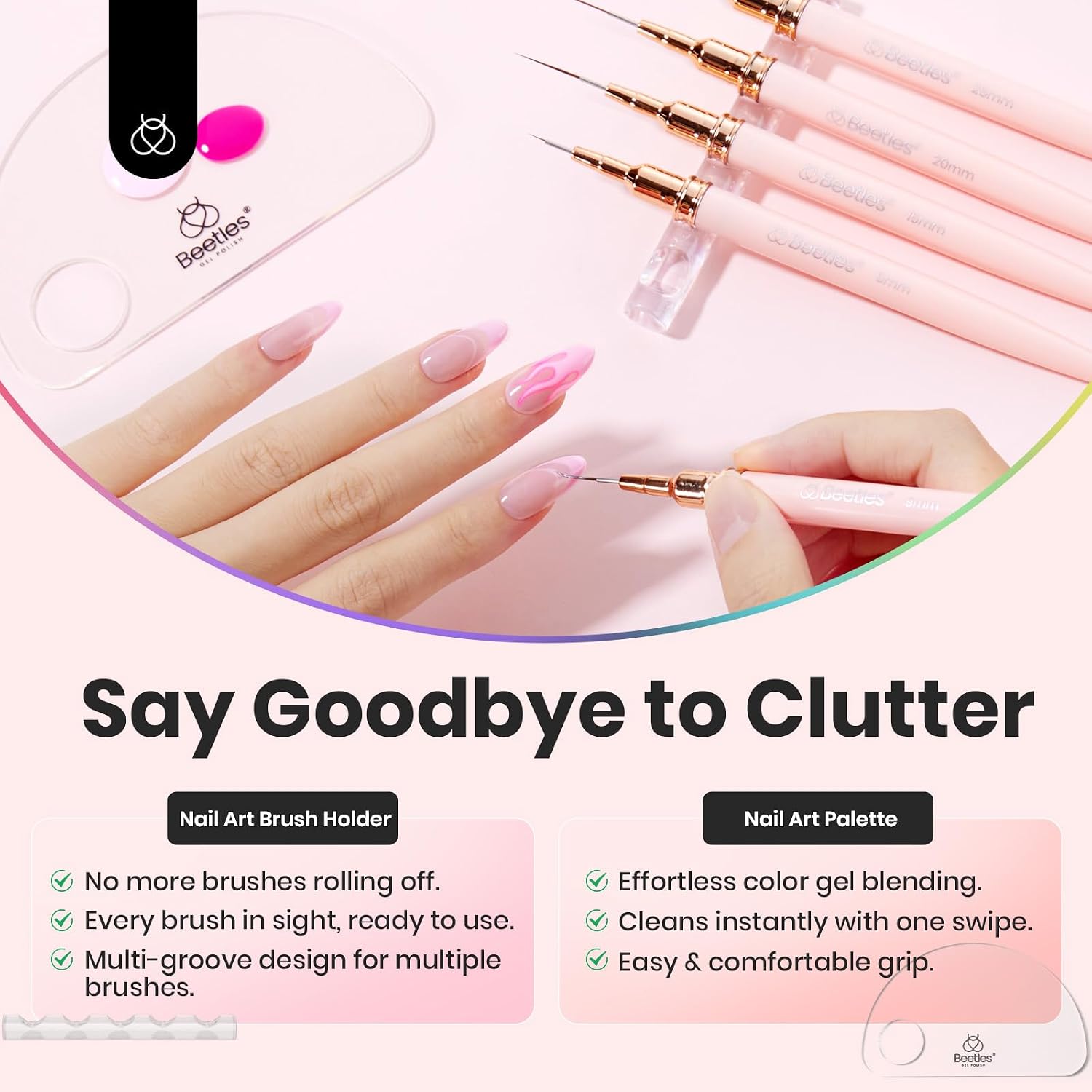 Beetles Gel Polish Nail Art Pens, 5pcs Nail Art Brushes Liner Brushes for Nails Pink Liner Sizes 5/9/15/20/25mm with Palette Holder Painting Manicure Design Tools for Long Lines, Details, Fine Drawing