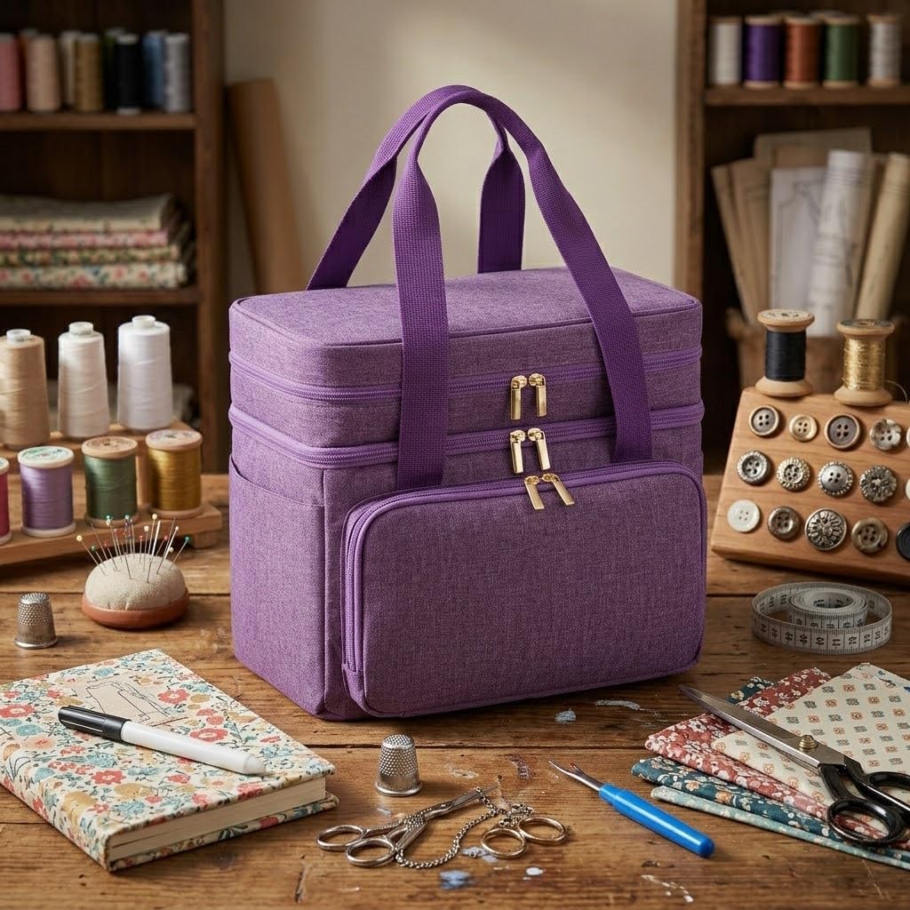 Double Layer Sewing Organizer with 2Detachable Pouches, Extra Large Capacity Bag for Threads, Needles & Craft Supplies (Purple)