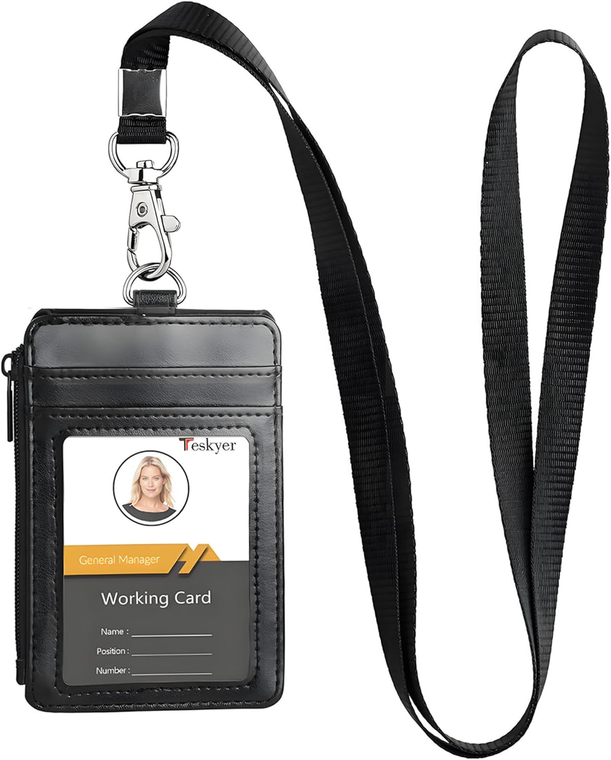 teskyer id badge holder with lanyard, 1 zip pocket and 4 card slots, lanyard id card holder wallet for office school work badges, cruise ship cards, hotel key cards, pass cards - black 3.1" x 4.7" black