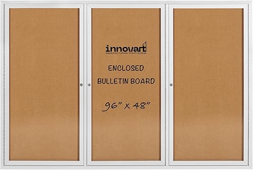 INNOVART Tablero de anuncios cerrado de 96 x 48 pulgadas, tablero de anuncios de corcho con cerradura con marco de aluminio, tablero de anuncios