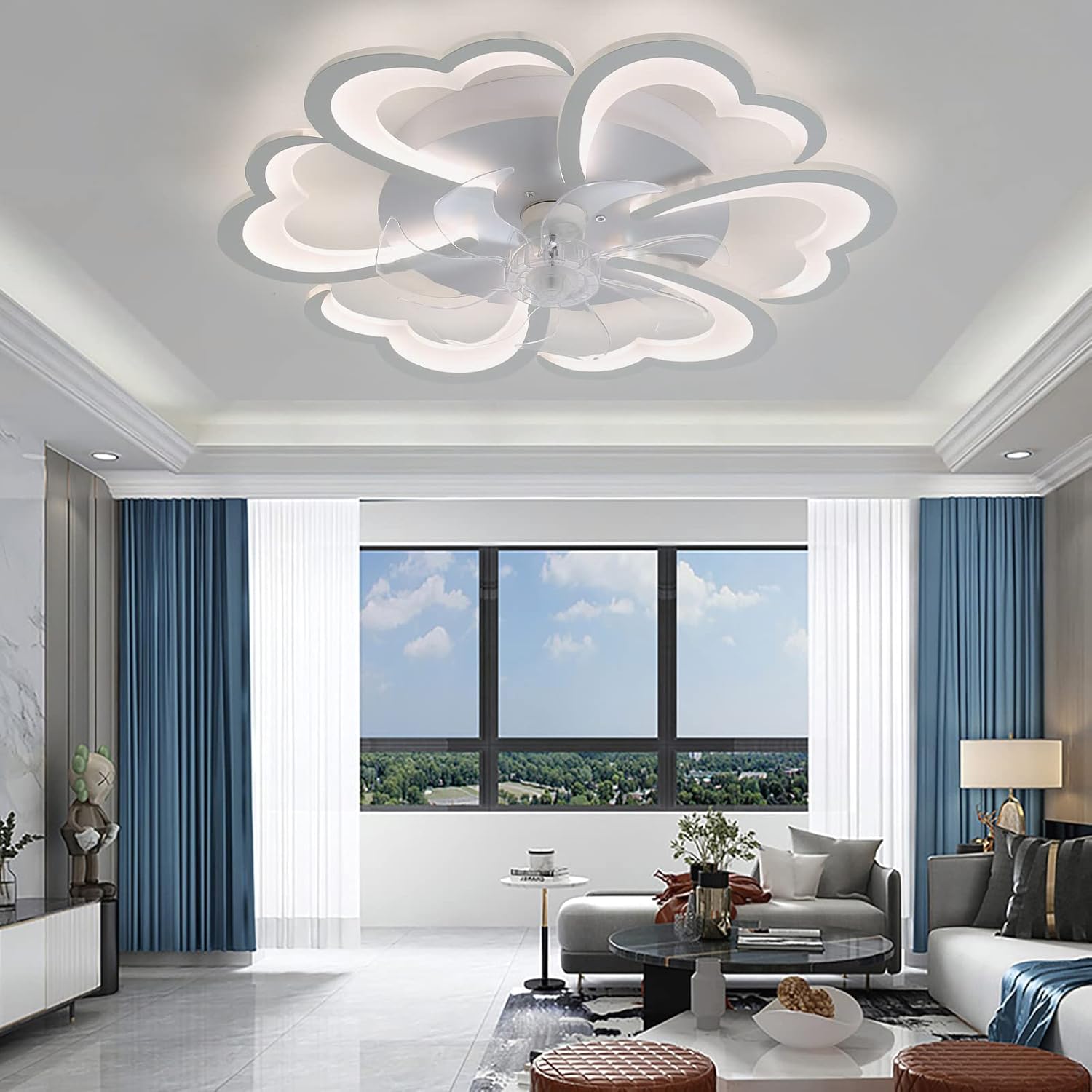 YUEGOO Ceiling Fans with Lamps,Flower Ceiling Fan with Light and Remote Control Reversible Fan Ceiling Light 6 Air Speeds for Bedroom Living Room/68Cm