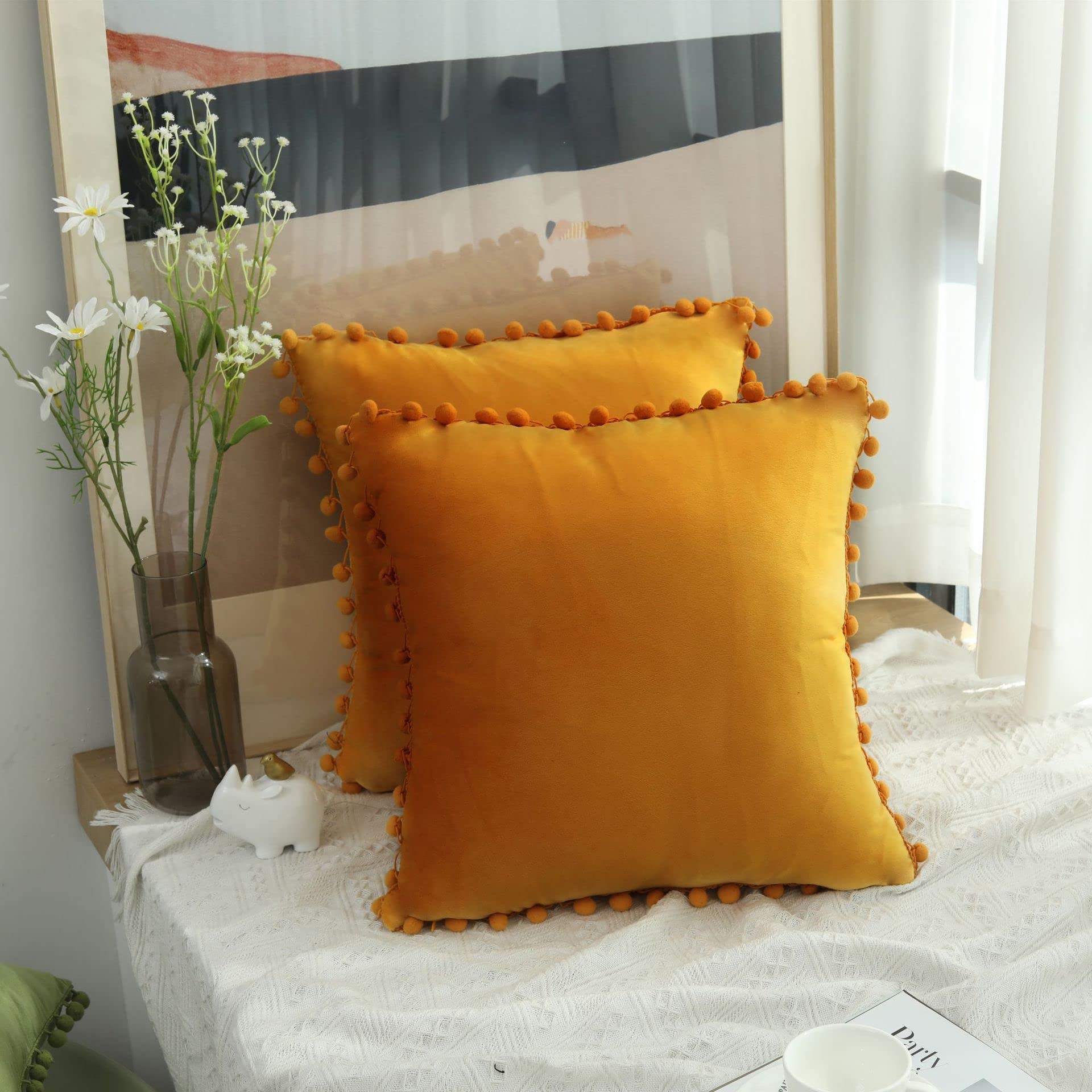 Hediloo Cushion Covers Pack of 2 Soft Velvet Throw Pillow Cases with Pom Pom Invisible Zip for Sofa Chair Living Room (Amber Yellow, 50 * 50cm) โ image 1