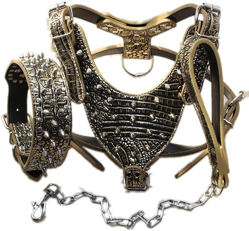 Miniatura 8 de Serijoars Juego de arnés y collar de cuero para perro, adecuado para razas grandes, Pit Bull Terriers, labradores, dobermans, arnés de cuero