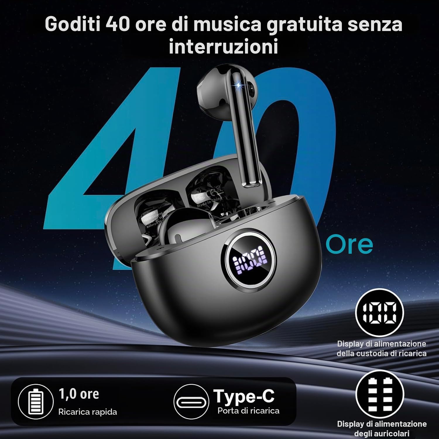 Cuffie Wireless Bluetooth 5.4 Con Display LED E 48H Di Autonomia – IP7 Impermeabili, 4 Microfoni ENC E Suono Hi-Fi - 2
