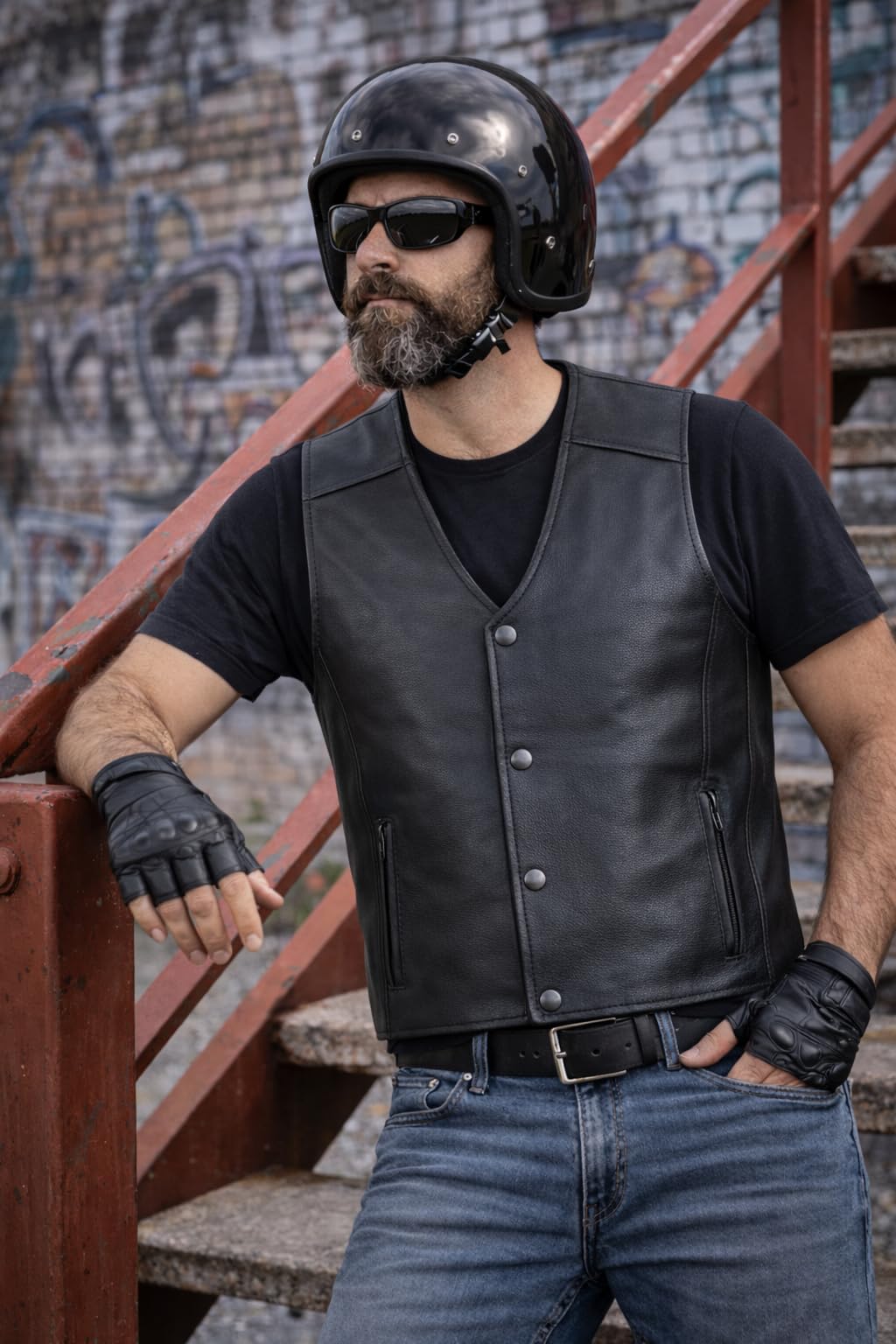 PAULGOS Lederweste Weste Kutte Leder Biker Rocker Motorrad Clubweste Bikerweste Motorradweste Schwarz BW3