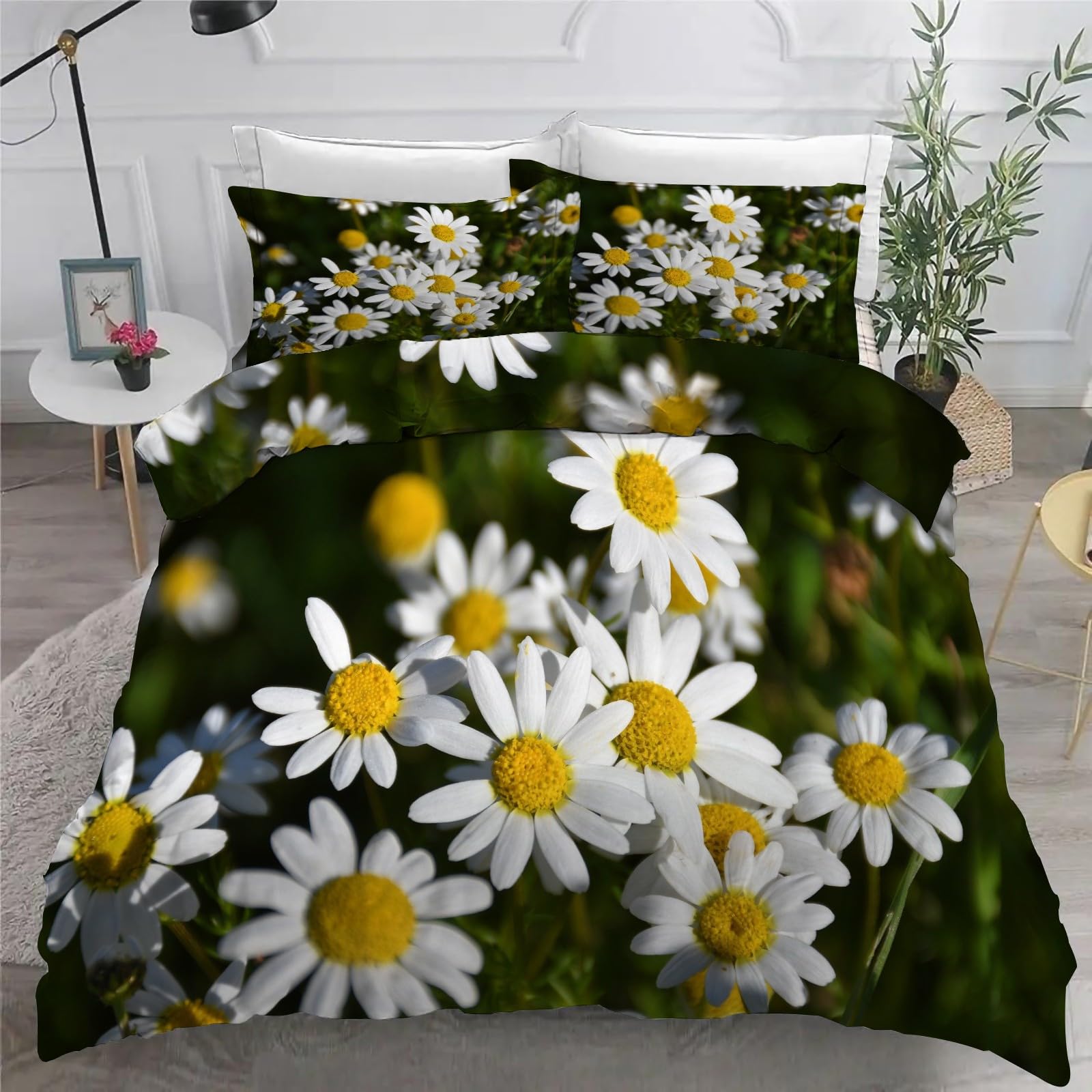 Housse de Couette 140x200 cm avec 2 Taies d'oreiller 65x65 cm - Marguerite Rose cœur d'amour Parure De Lit 140x200 - Fermeture Éclair Sets de Housse Couette en Microfibre brossée Douce