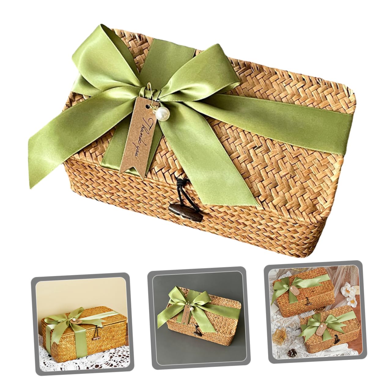 Cesta de Paja de Almacenamiento Tejida Rectangular Tapa