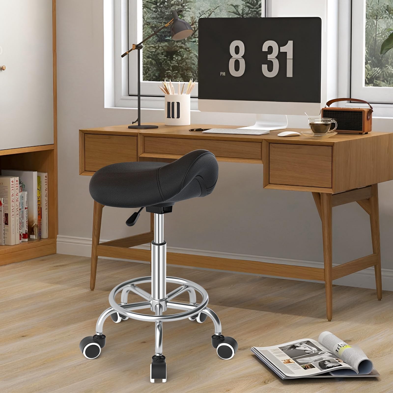 Tabouret de selle de cheval anti-mal de dos, tabouret ergonomique avec roues, tabouret esthétique réglable en hauteur de 46 à 59 cm, tabouret avec roues rembourrées pour dentiste (noir)
