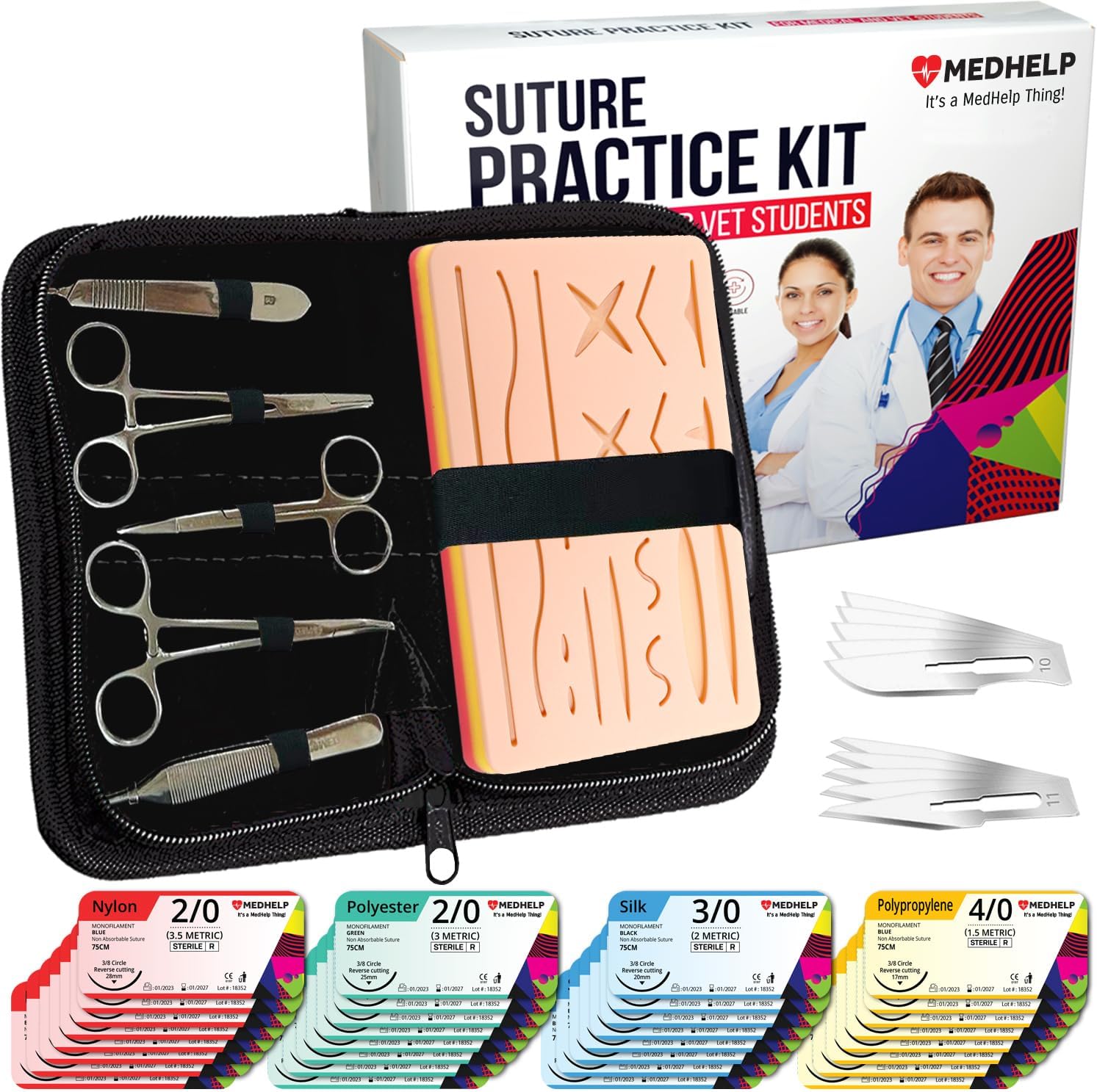 MedHelp 49 PCS Suture Practice Kit, Complete Medical Suture Kit for Surgical Training: Silicone Suture Pad, Sterile Sutures Thread with Needle, Gift for Medical Students
