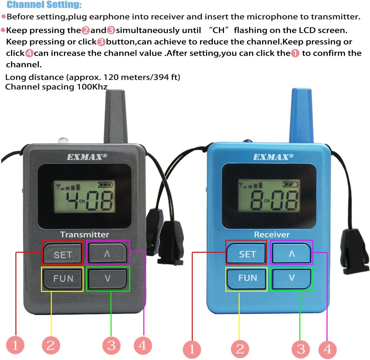 EXMAX ELGT-470 UHF Wireless Audio Tour Guide System Assistive Listening Church Translation Equipment 100 Channels for Language Interpretation Conference Outdoor Activities 1 Transmitter 5 Receivers