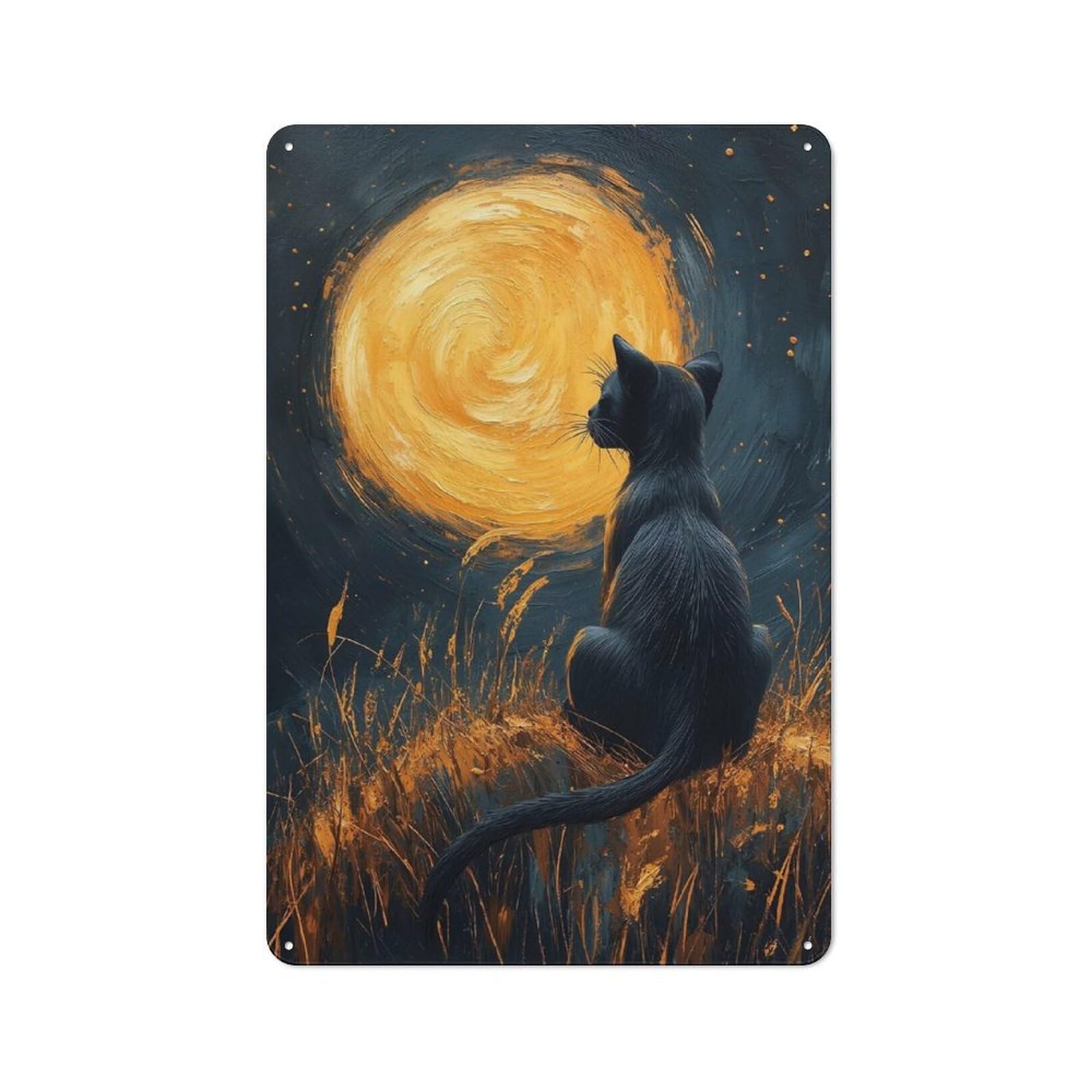 Junmoney Style-12 Workshop Style Black Cat Gazing At The Moon Tin Sign 30X20cm, Workshop Wall Decor For Tool Room, Garage, Studio Or Home Bar