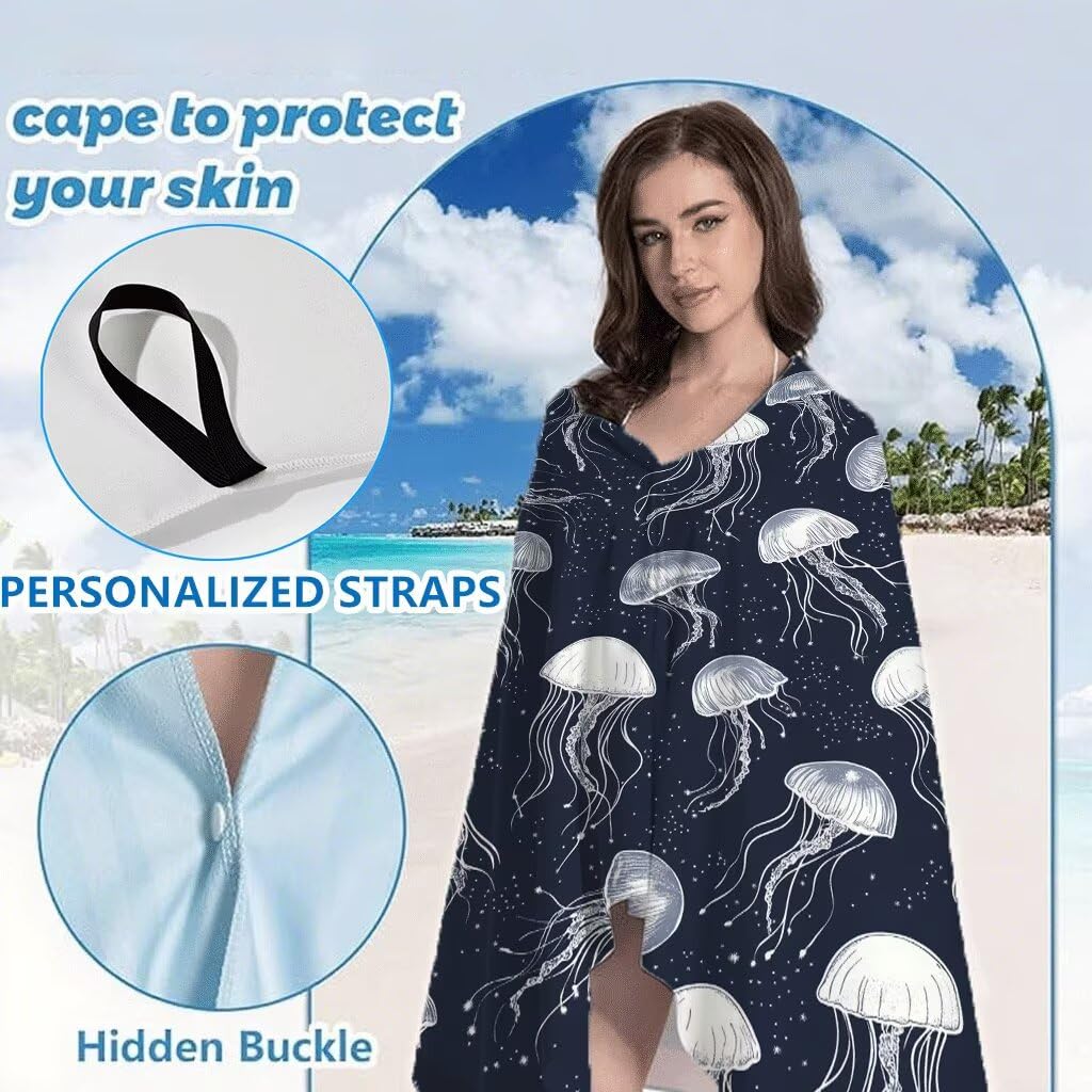 Serviette de Plage 90x200cm, Bleu Serviette Microfibre Lot de 2 Méduse Motif Ultra Absorbantes Séchage Rapide Anti Sable Légère Drap de Plage avec Bouton Pression Design pour Piscine Voyages, Model581