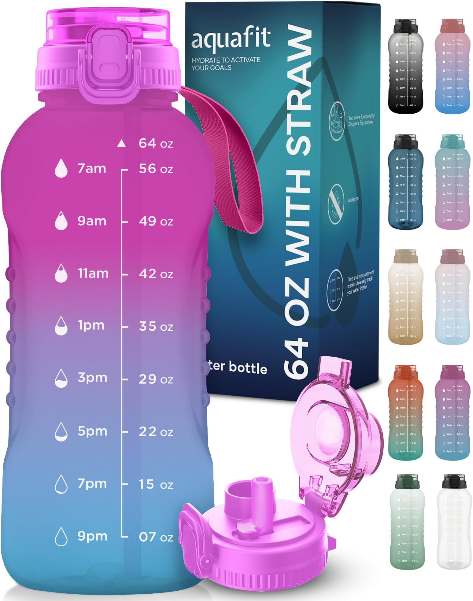 AQUAFIT Water Bottles 64 oz - Water Bottle with Time Marker 64 oz - Half Gallon Water Bottle with Straw, Gym Water Bottle 64 oz Water Bottle with Time Marker Water Bottles with Straw Hazy Day