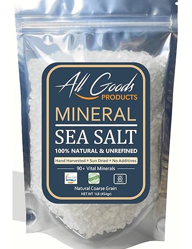 All Goods Products Baja Mineral Sal marina de grano grueso, 16 oz de sal natural de México, sin refinar, cosechada a mano, cargada con más de 90