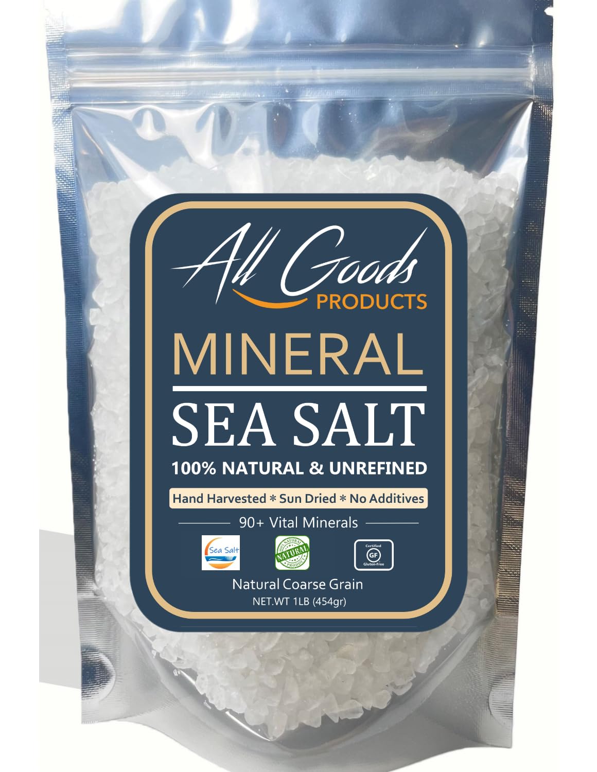 All Goods Products Mineral Coarse Grain Sea Salt, 16 oz Natural Salt from Mexico, Unrefined, Hand-Harvested, Loaded with 90+ Essential Minerals, Kosher, 30% Low Sodium.