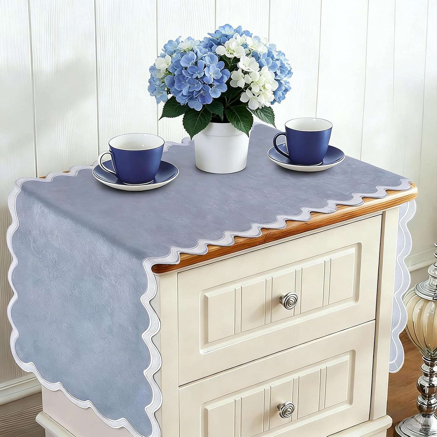 yuboo Small Dusty Blue Table Runner 15x36 Inch, Vintage Scalloped Coffee Table Cover Short, Farmhouse Dresser Scarf for Nightstand, End Table, French Country Summer Coastal Grand Millenial Home Decor