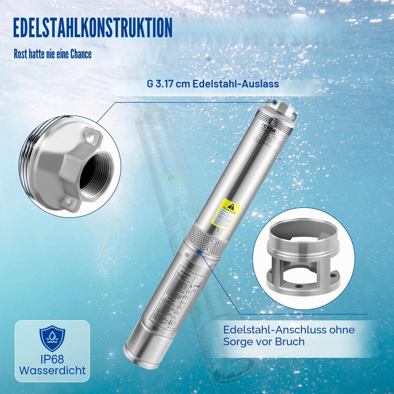 VEVOR 3, 5'' Tiefbrunnenpumpe 750W Brunnenpumpe 105L/min Tauchpumpe max. Förderhöhe 62m Rohrpumpe 230V 50Hz Sandpumpe IP68 Wasserpumpe mit 20m Kabel Pumpe Ideal zur Bewässerung, Silber
