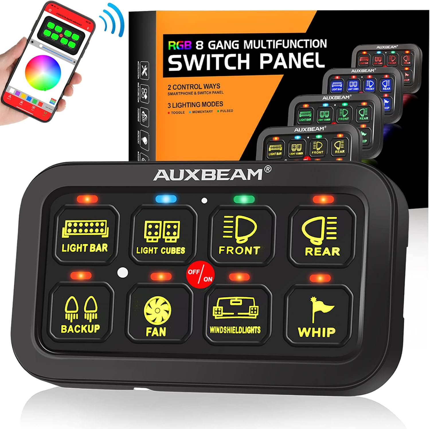 Auxbeam 8 Gang Switch Panel RGB AR-800 Toggle Momentary Pulsed Bluetooth Switch Panel for Truck SUV UTV ATV Marine RV Camper Van, Multifunction 12-24V Waterproof 2 Years Warranty