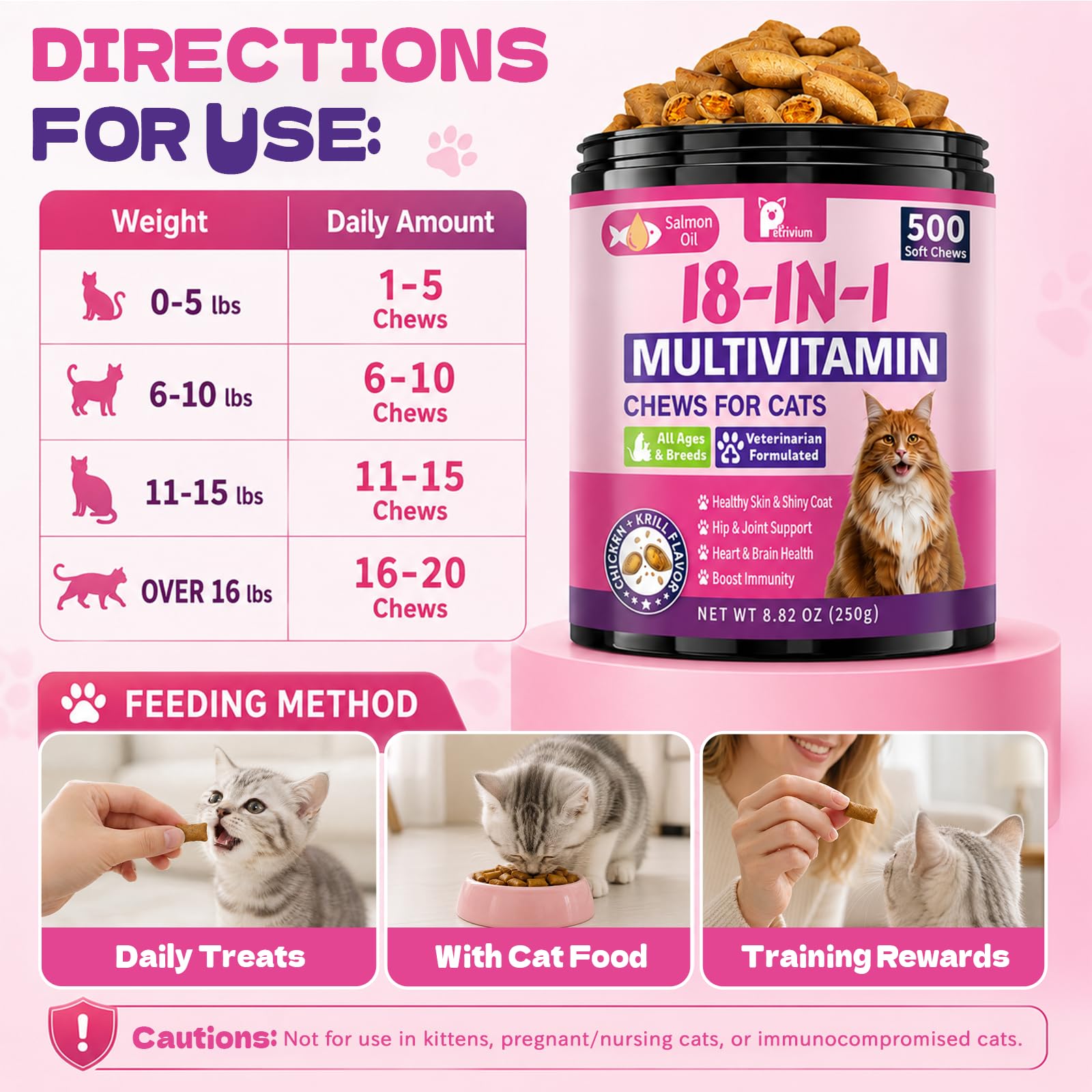 Taurine for Cats - 18 in 1 Cat Vitamins for Indoor Cats, Daily Cat Multivitamin Chews with Omega-3, Chondroitin, Glucosamine - 500 Ct Cаt Treats for Immune Support, Hip & Joint, Skin & Coat Health — Amazon image 6