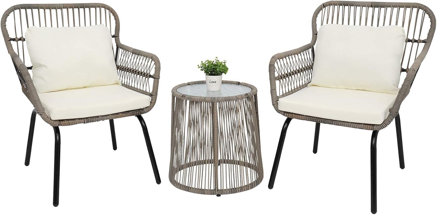 3-Piece Patio Wicker Conversation Bistro Set with 2 Chairs & Glass Top Side Table & Cushions Tan