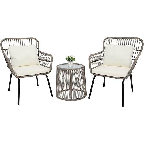 VINGLI 3 Pieces Patio Porch Furniture Sets, Indoor Outdoor All-Weather Wicker Conversation Bistro Furniture Set,Garden Furniture Sets,Patio Conversation Sets Clearance, Cushions Included (Tan)