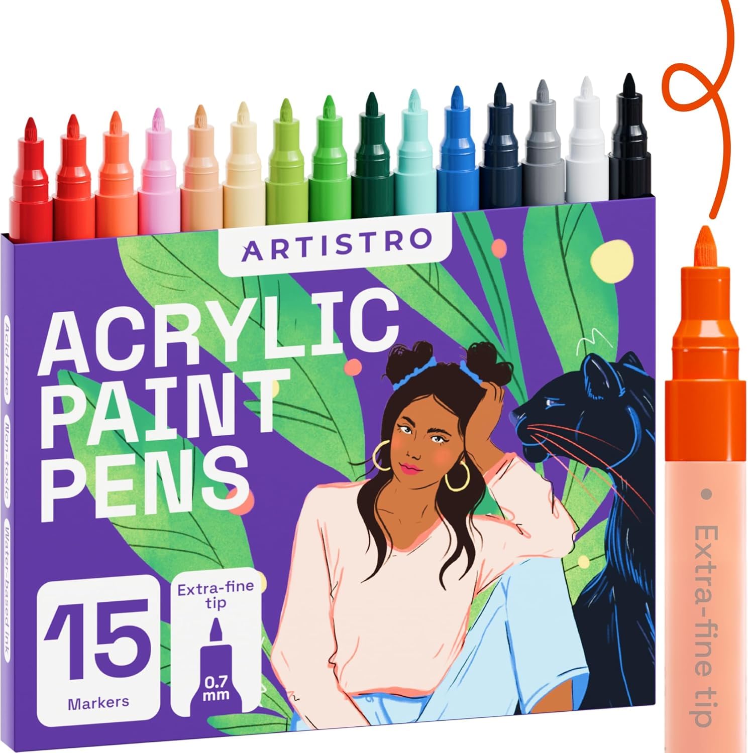 Artistro Acrylic Markers for Painting Stones, Ceramics, Glass, Wood, Metal, Fabric, Canvas, Pebbles, Set of 15 Acrylic Markers Water Based Extra Fine Tip 0.7 mm