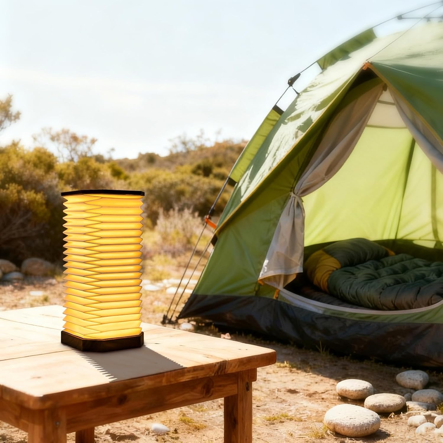 Collapsible LED Table Lamp with Touch Control Dimming, Portable Accordion Design with Wood Base, Warm Yellow Light for Camping and Home