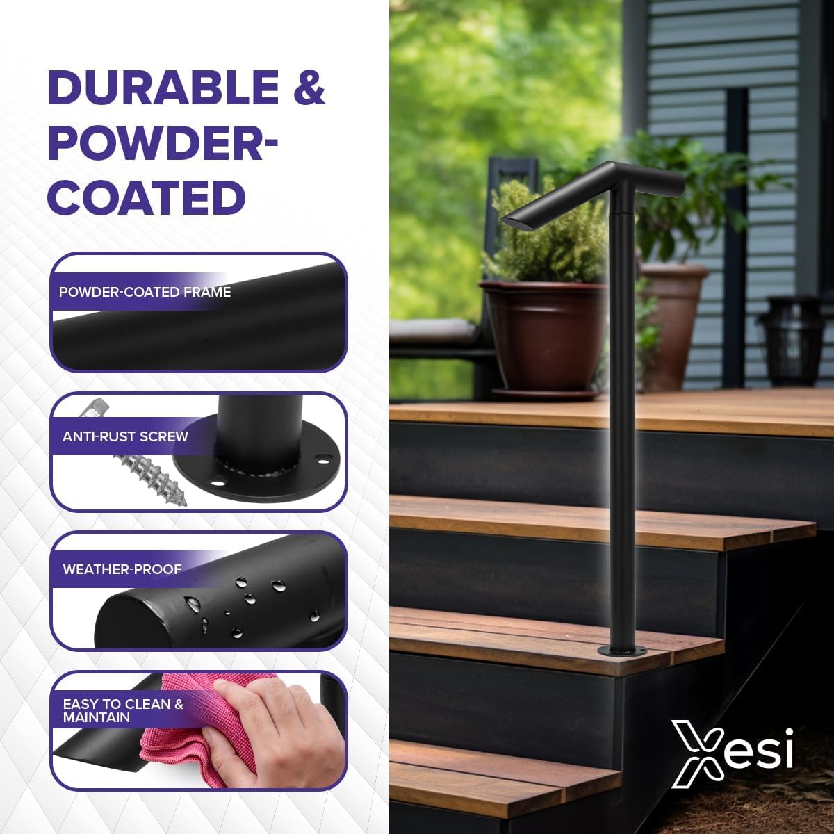 Xesi Single Post Handrail with DIY Took Kit, Black Wrough Iron Hand Railing - Outdoor Stair Railing Fit 2 or 1 Step Handrails for Outdoor Steps, Single Step Handrail