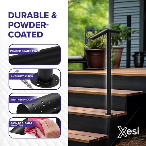 Miniatura 3 de Xesi Pasamanos de un solo poste con kit de bricolaje, barandilla de mano de hierro forjado negro, barandilla de escalera para exteriores, pasamanos