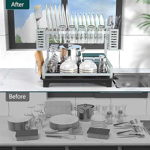Miniatura 5 de B-Land Escurridor de platos, 2 niveles para encimera de cocina, escurridor grande de platos con escurridor y soportes para utensilios, escurridor de