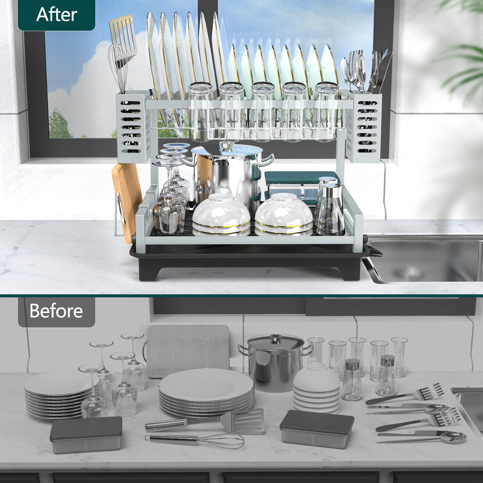 Escurridor de platos de 2 niveles con escurridor y soportes para fregadero, escurridor de platos grande de acero inoxidable para encimera de cocina, ahorro de espacio y resistente a la corrosión