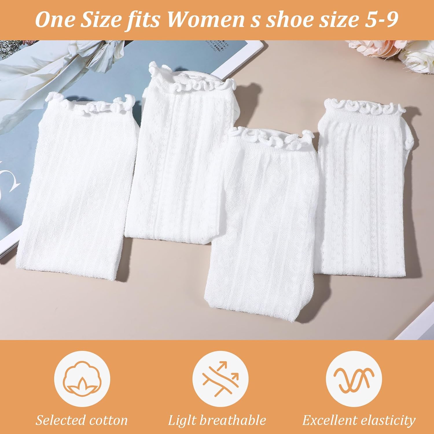 Ouligay 2 Pairs Women's Ruffle Socks for Women White Lace Socks Womens Cute Frilly Ankle Sock Mesh Casual Sheer Lace Cotton Crew Thin White Frilly Sock for Women Girls