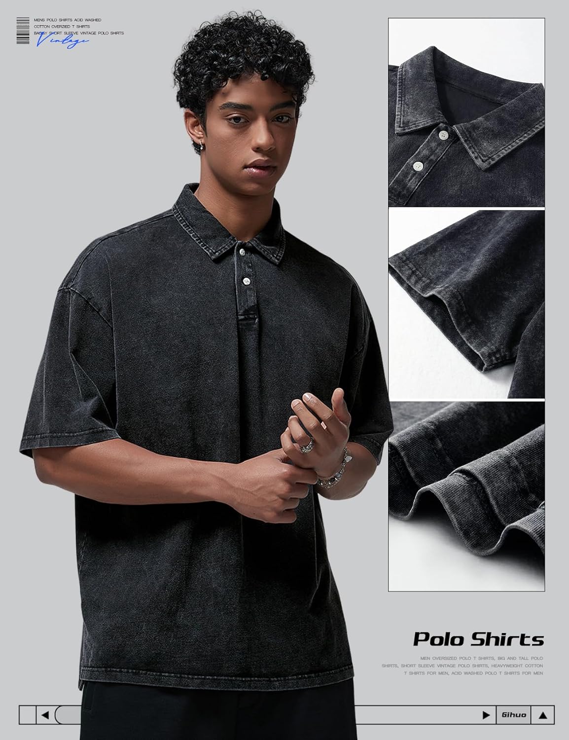Gihuo Mens Polo Shirts Cotton Acid Wash Oversized Tshirts Vintage Short Sleeve Baggy Tees