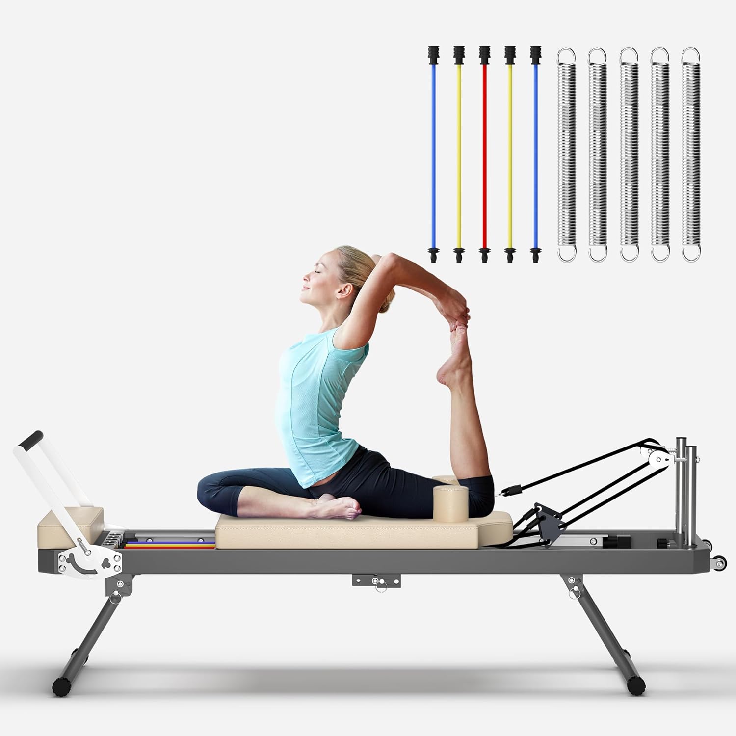 Foldable Pilates Reformer Machine for Home Use - 330lbs Capacity with 5 Alloy Springs, 11 Resistance Levels & UP Leather Surface, Space-Saving Fitness Equipment