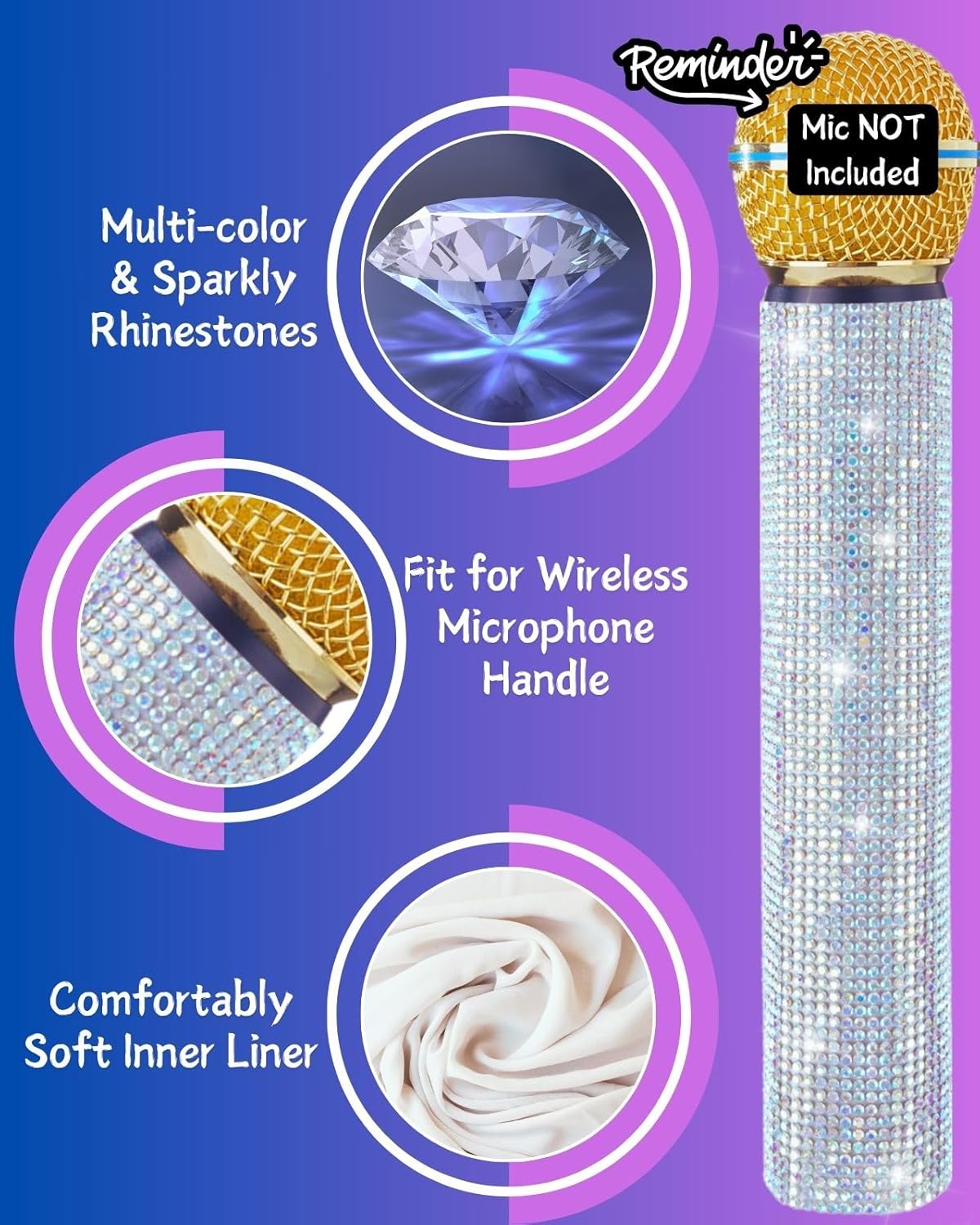 Bling Wireless Microphone Decorate for Universal Handheld and Beta58 SM58 Beta87 PG58, Eyes Catching for Event (Mic NOT Included)