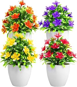 4 Packs Small Fake Plants Mini Artificial Faux Plants with Flowers for Home Room Farmhouse Bathroom Decor Indoor Mini Potted Plants for Office Home Decoration (K189-4)