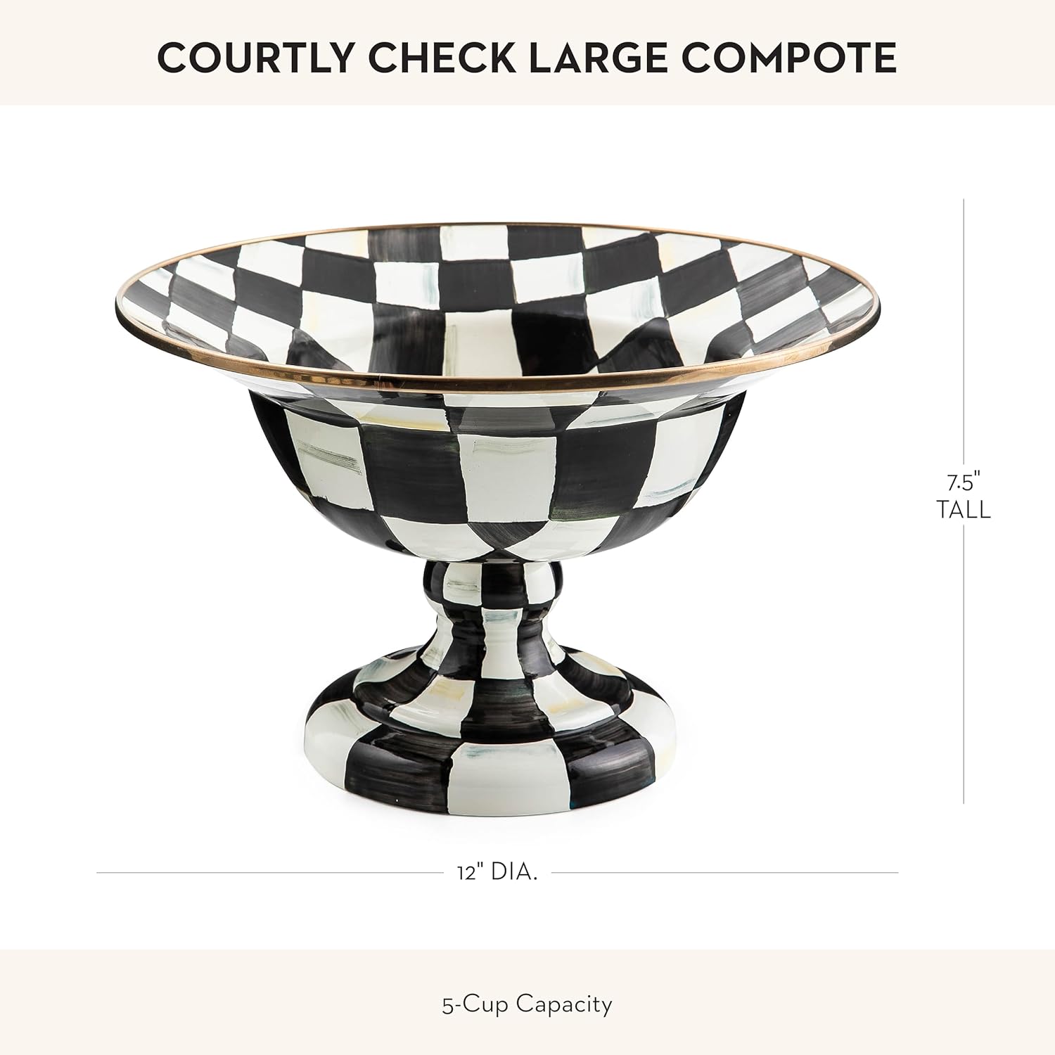 MACKENZIE-CHILDS Enamel Compote, Cute Enamel Pedestal Serving Dish or Decorative Bowl, Large, Black-and-White Courtly Check