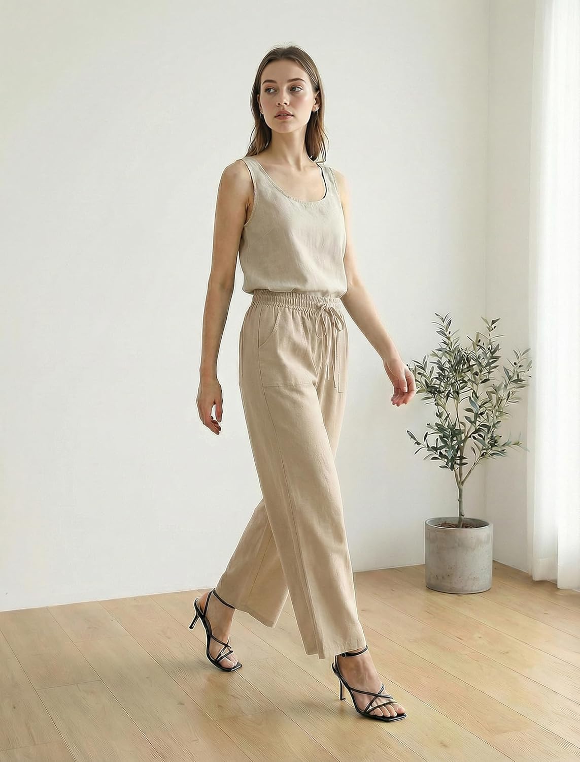 Cotton Linen Palazzo Pants for Women Summer Boho Casual Wide Leg Trousers Drawstring Work Lounge Pant Beach Vacation - Image 3