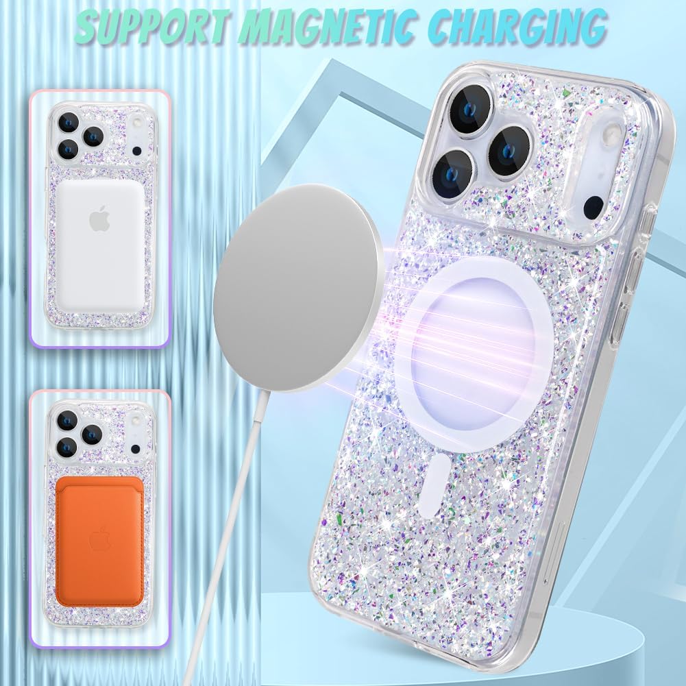 Bonoma for iPhone 17 Pro Case 2025 Sparkly Glitter Bling Back, Magnetic Support for MagSafe Shockproof, Crystal and Clear High-Duty Protection for Girls Women -Glitter Crystal - Image 5