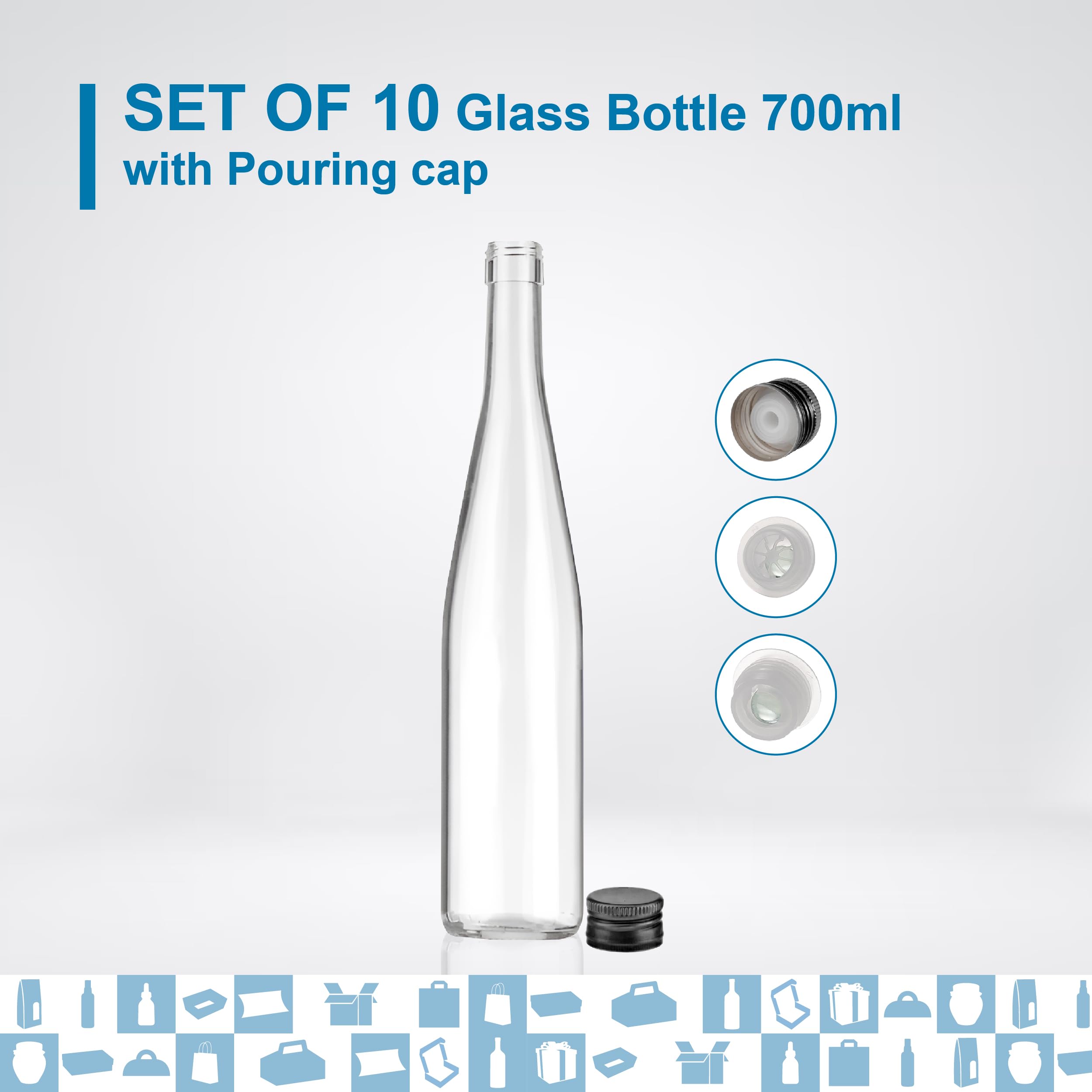 10 bottiglie in vetro da 700 ml con tappo a vite nero con beccuccio, ideali per bevande alcoliche come rum, whiskey, vodka, olio d'oliva, acqua e liquore