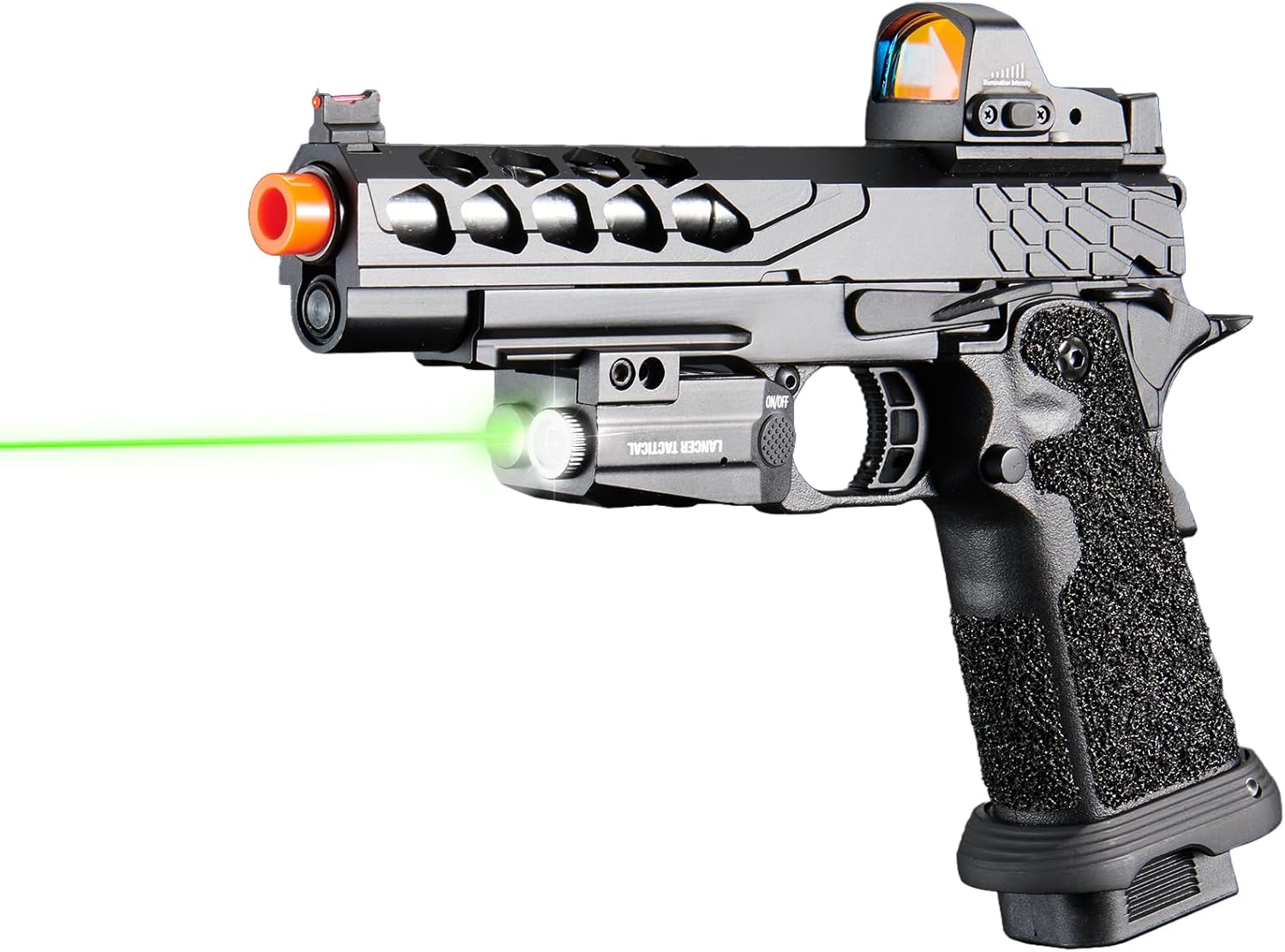 Lancer Tactical STRYK Hi-Capa 5.1 Gas Blowback Airsoft Pistol with Low Profile MICR Red Dot Flashlight & Laser (Green)