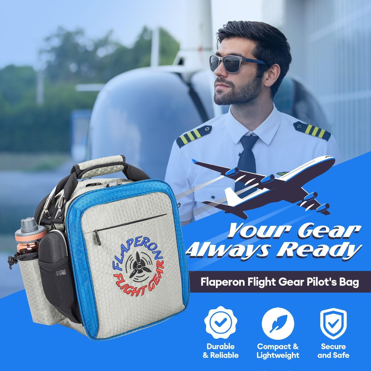 Pilot Flight Bag – Compact Aviation Headset & iPad/Tablet Bag with Multi-Pocket Storage, Shoulder Strap, Honeycomb Nylon (Gray/Blue) - Image 2