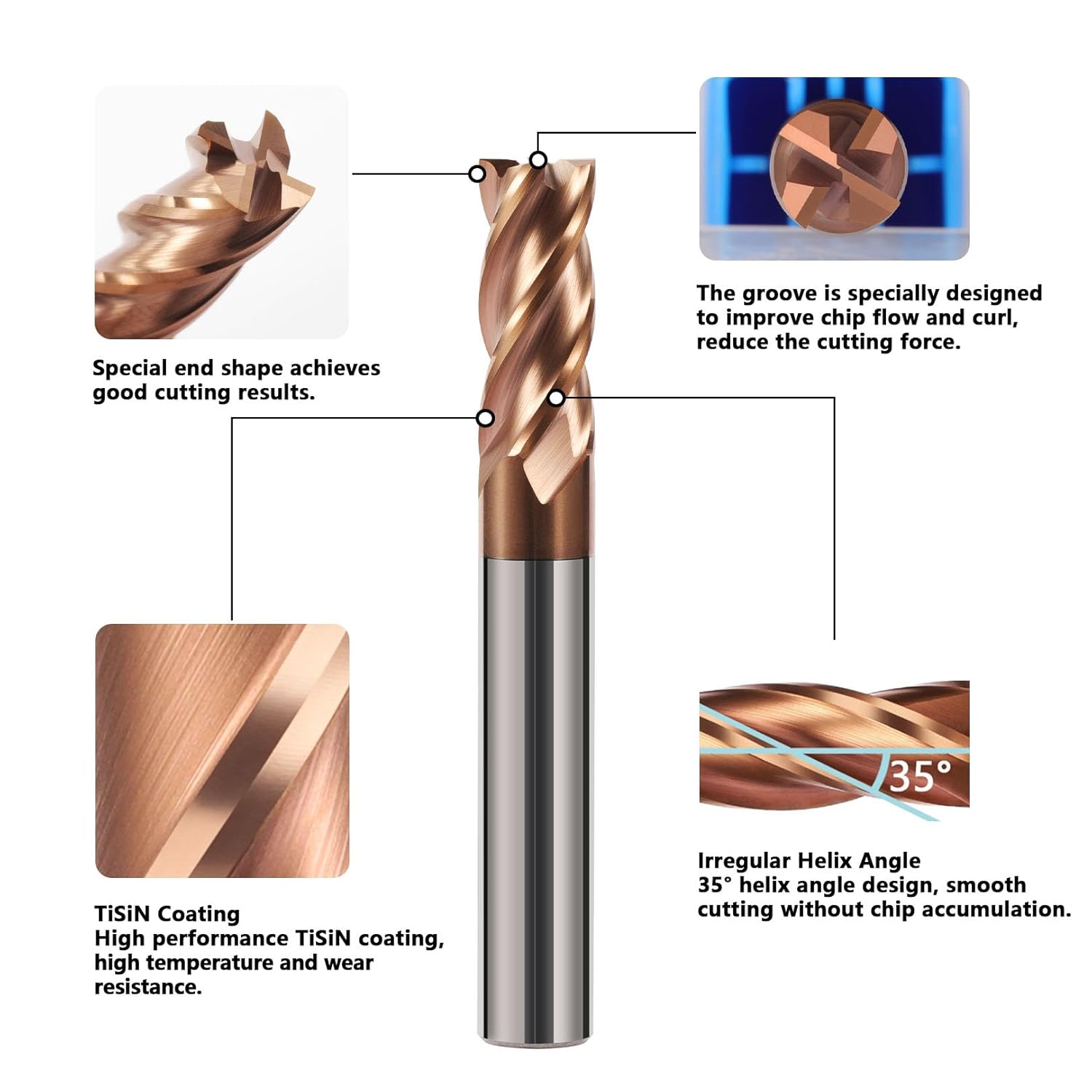 Carbide Square End Mills 1/2" Tungsten Steel Flat End Mills 4 Flute CNC Milling Bits Cutter for Alloy Steel High Alloy Cast Iron-HRC55 - TISIN Coated